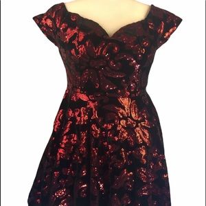 Ricarica black velvet red sequins short dress S